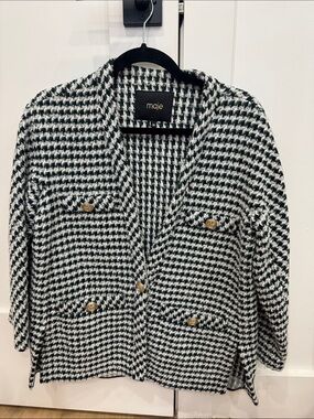 Maje Black Green & White Houndstooth Knit Blazer with Gold Buttons